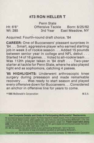 1986 McDonald's Tampa Bay Buccaneers - Full Game Pieces - Week 4 Green Tab #NNO Ron Heller Back