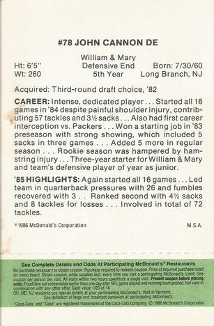 1986 McDonald's Tampa Bay Buccaneers - Full Game Pieces - Week 4 Green Tab #NNO John Cannon Back