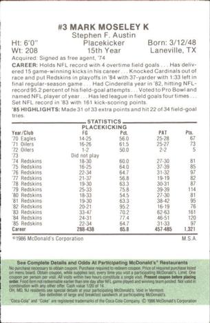 1986 McDonald's Washington Redskins - Full Game Pieces - Week 4 Green Tab #NNO Mark Moseley Back