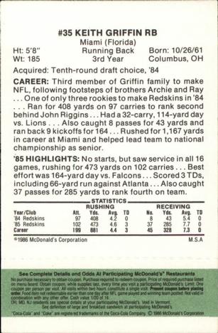 1986 McDonald's Washington Redskins - Full Game Pieces - Week 4 Green Tab #NNO Keith Griffin Back