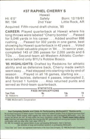 1986 McDonald's Washington Redskins - Full Game Pieces - Week 4 Green Tab #NNO Raphel Cherry Back