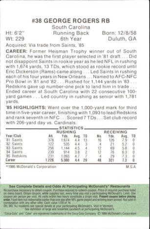1986 McDonald's Washington Redskins - Full Game Pieces - Week 4 Green Tab #NNO George Rogers Back