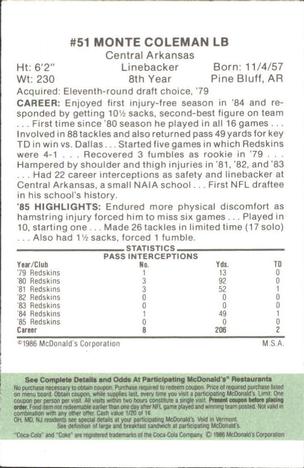 1986 McDonald's Washington Redskins - Full Game Pieces - Week 4 Green Tab #NNO Monte Coleman Back