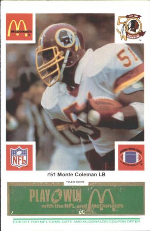 1986 McDonald's Washington Redskins - Full Game Pieces - Week 4 Green Tab #NNO Monte Coleman Front