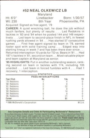 1986 McDonald's Washington Redskins - Full Game Pieces - Week 4 Green Tab #NNO Neal Olkewicz Back