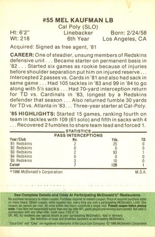 1986 McDonald's Washington Redskins - Full Game Pieces - Week 4 Green Tab #NNO Mel Kaufman Back