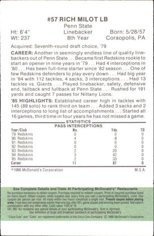 1986 McDonald's Washington Redskins - Full Game Pieces - Week 4 Green Tab #NNO Rich Milot Back