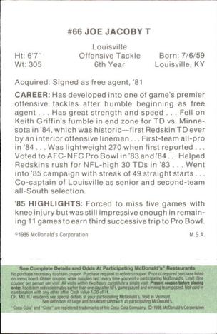 1986 McDonald's Washington Redskins - Full Game Pieces - Week 4 Green Tab #NNO Joe Jacoby Back