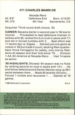1986 McDonald's Washington Redskins - Full Game Pieces - Week 4 Green Tab #NNO Charles Mann Back