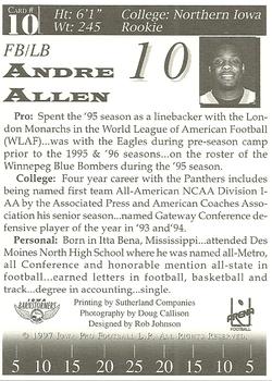 1997 Iowa Barnstormers (AFL) #10 Andre Allen Back