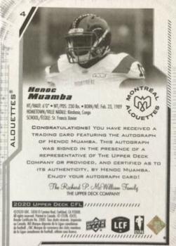 2020 Upper Deck CFL - Autographs #4 Henoc Muamba Back
