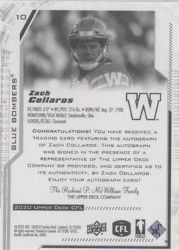 2020 Upper Deck CFL - Autographs #10 Zach Collaros Back