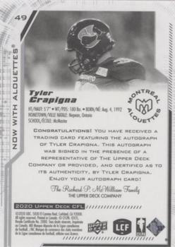 2020 Upper Deck CFL - Autographs #49 Tyler Crapigna Back