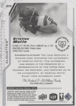 2020 Upper Deck CFL - Autographs #89 Kristian Matte Back