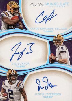 2020 Panini Immaculate Collection Collegiate - Immaculate Trios Autographs Platinum #3 Justin Jefferson / Clyde Edwards-Helaire / Joe Burrow Front