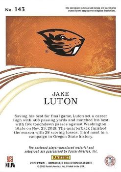 2020 Panini Immaculate Collection Collegiate - Rookie Patch Autographs Silver #143 Jake Luton Back