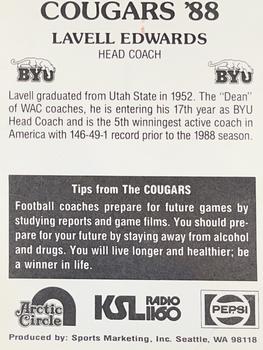 1988 BYU Cougars Safety #NNO Lavell Edwards Back