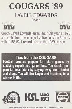 1989 BYU Cougars Safety #NNO Lavell Edwards Back
