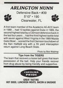 1989 Clemson Tigers #NNO Arlington Nunn Back