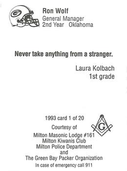 1993 Green Bay Packers Police - Milton Masonic Lodge #161, Milton Kiwanis Club, Milton Police Dept. #1 Ron Wolf Back