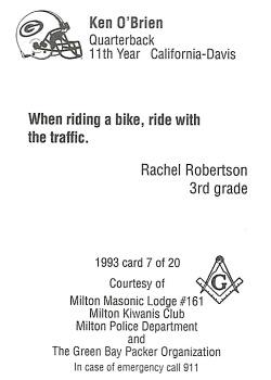 1993 Green Bay Packers Police - Milton Masonic Lodge #161, Milton Kiwanis Club, Milton Police Dept. #7 Ken O'Brien Back