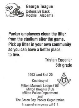 1993 Green Bay Packers Police - Milton Masonic Lodge #161, Milton Kiwanis Club, Milton Police Dept. #8 George Teague Back