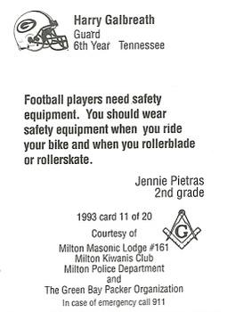 1993 Green Bay Packers Police - Milton Masonic Lodge #161, Milton Kiwanis Club, Milton Police Dept. #11 Harry Galbreath Back