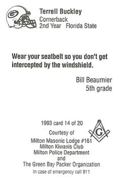 1993 Green Bay Packers Police - Milton Masonic Lodge #161, Milton Kiwanis Club, Milton Police Dept. #14 Terrell Buckley Back