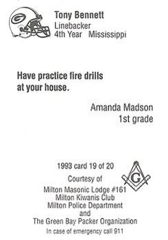1993 Green Bay Packers Police - Milton Masonic Lodge #161, Milton Kiwanis Club, Milton Police Dept. #19 Tony Bennett Back