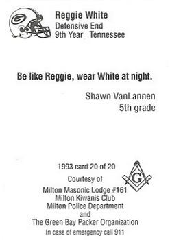 1993 Green Bay Packers Police - Milton Masonic Lodge #161, Milton Kiwanis Club, Milton Police Dept. #20 Reggie White Back