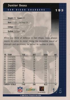2002 Score - National Convention Embossing #193 Junior Seau Back