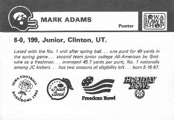 1987 Iowa Hawkeyes #NNO Mark Adams Back