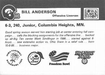 1987 Iowa Hawkeyes #NNO Bill Anderson Back