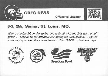 1987 Iowa Hawkeyes #NNO Greg Divis Back