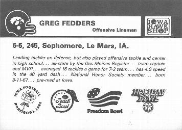 1987 Iowa Hawkeyes #NNO Greg Fedders Back