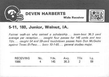 1987 Iowa Hawkeyes #NNO Deven Harberts Back