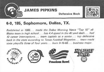 1987 Iowa Hawkeyes #NNO James Pipkins Back