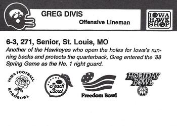 1988 Iowa Hawkeyes #NNO Greg Divis Back