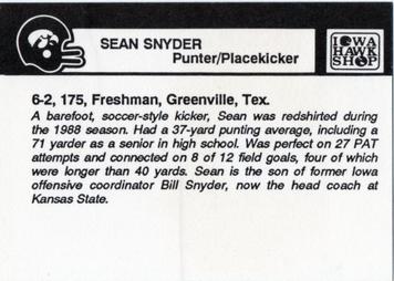 1989 Iowa Hawkeyes #NNO Sean Snyder Back