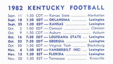 1982 Kentucky Wildcats Schedules #NNO Rob Mangas Back
