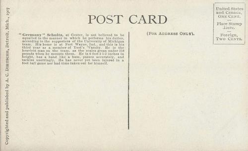 1907 Michigan Wolverines Dietsche Postcards #NNO Adolph Schulz Back