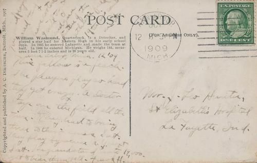 1907 Michigan Wolverines Dietsche Postcards #NNO William Wasmund Back