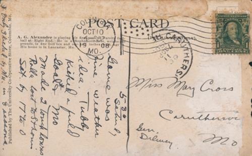 1907 Missouri Tigers Postcards #NNO Aubrey Alexander Back