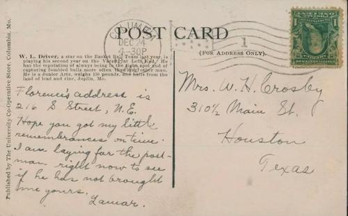 1907 Missouri Tigers Postcards #NNO William Driver Back