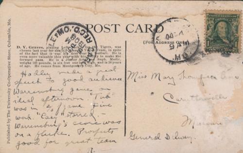 1907 Missouri Tigers Postcards #NNO Dorcet Tubby Graves Back