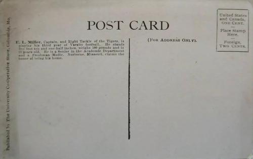 1907 Missouri Tigers Postcards #NNO Edwin Miller Back