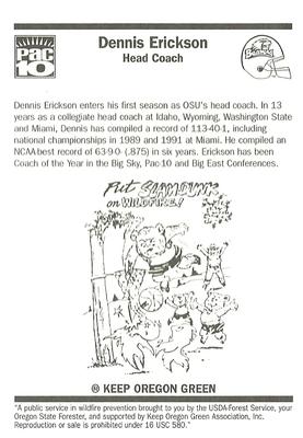 1999 Oregon State Beavers Smokey #NNO Dennis Erickson Back