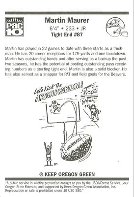 1999 Oregon State Beavers Smokey #NNO Martin Maurer Back