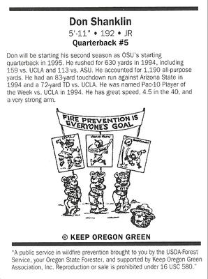 1995 Oregon State Beavers Smokey #NNO Don Shanklin Back