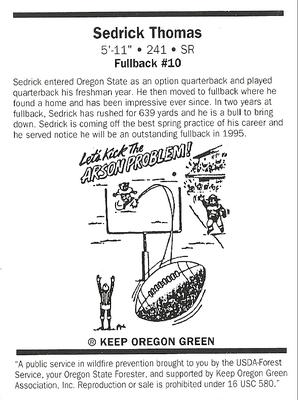 1995 Oregon State Beavers Smokey #NNO Sedrick Thomas Back